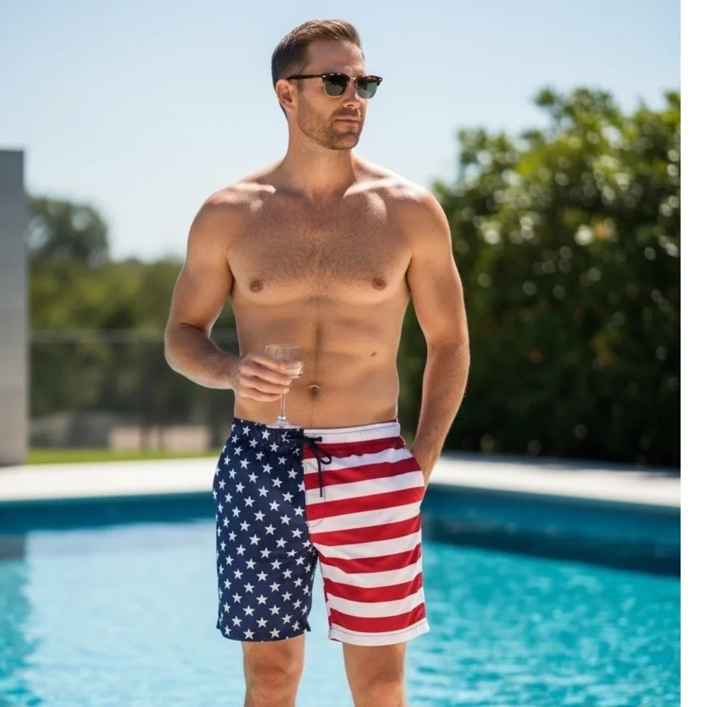 St Johns Bay Mens American Flag Swim Shorts Stars Stripes Red White Blue  NEW - Picture 2 of 11